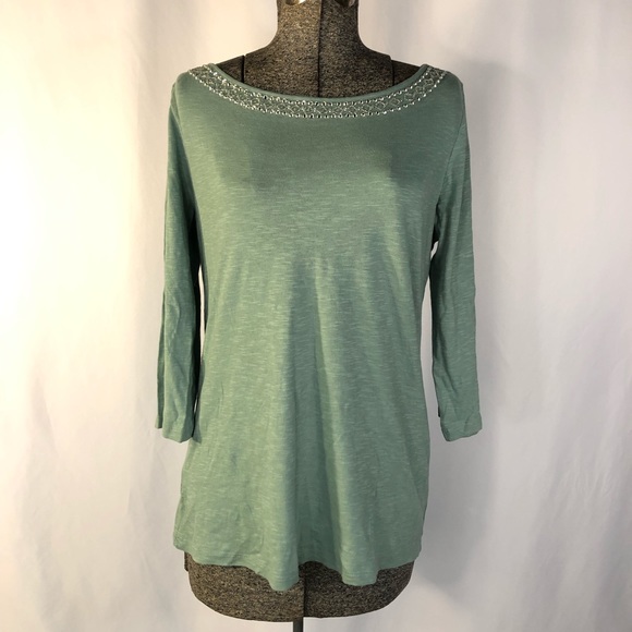 LOFT Tops - Loft Blue Green Beaded Collar Long Sleeve Tee